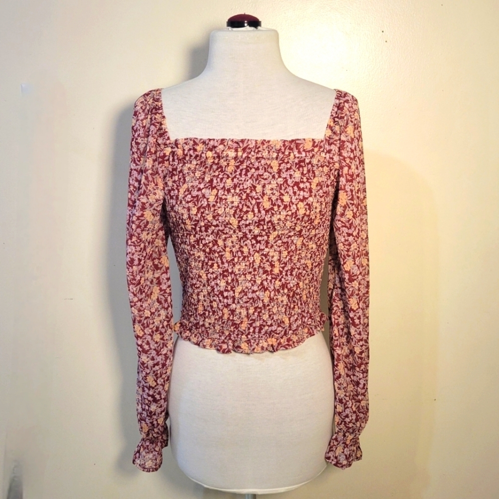 Japna (Women's M) Smocked Crop Top Long Sleeve Square neck Floral Burgundy